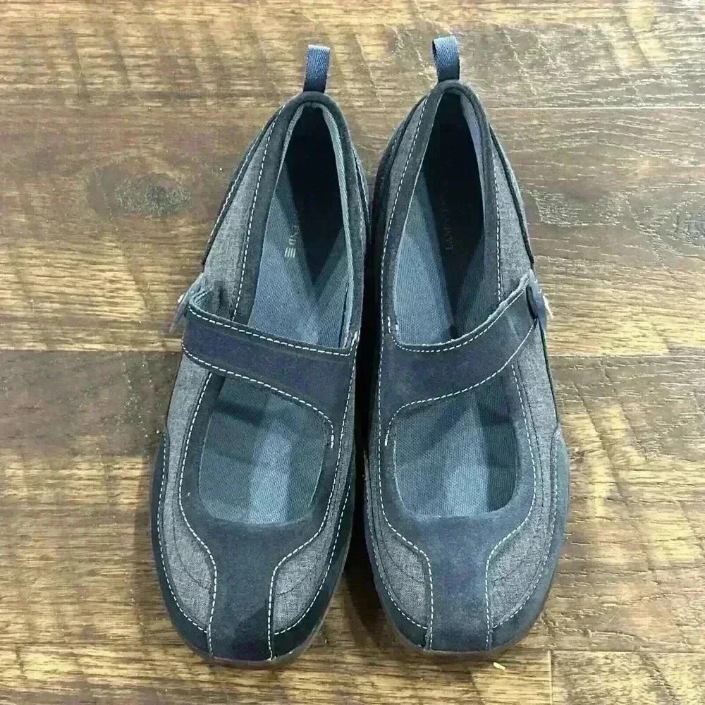 Lands' End Women's Suede Mary Jane Flats in Navy and Gray